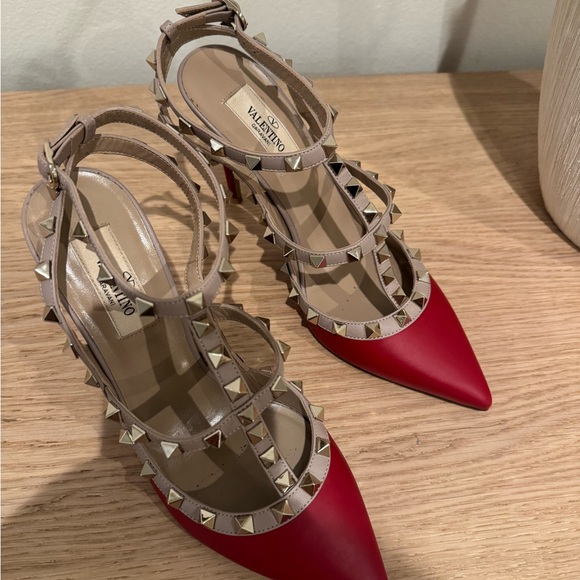 Valentino Red Pointed-Toe Rockstud T-Strap Pumps with Nude Straps - Picture 12 of 15